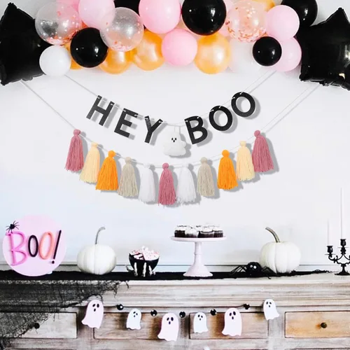Miniatura 3 de Hey Boo - Pancarta con borlas de fantasma, pancarta de borla de fantasma para Halloween, decoración del hogar de Halloween, pancarta de fantasma