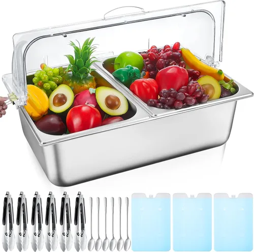 Tessco for you 16 piezas de contenedor de condimentos para servir alimentos y especias, con tapa, para exhibición en mostrador, enfriado, de acero