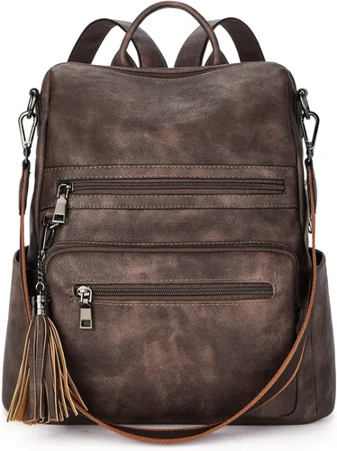 Telena - Mochila para mujer, de cuero vegano, grande, con borla, para viajes o para la universidad