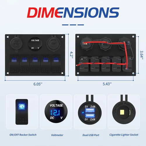 Miniatura 2 de RVMARINEPAT - Panel de interruptores marinos impermeable de 12 voltios, 5 mandos, interruptor basculante azul con luz, con doble toma USB de 4,8 A