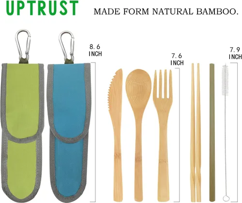 Miniatura 3 de UPTRUST Juego de 2 cubiertos de bambú de bambú de viaje, utensilios de mesa reutilizables, tenedor, cuchillo, cuchara, palillos, cepillo de limpieza
