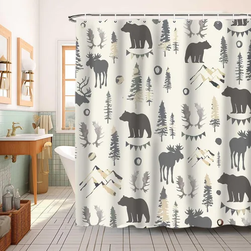 Miniatura 6 de Cortina de ducha de oso de 72 x 72 pulgadas, decoración de baño de bosque de montaña con ciervos y pinos, juego de tela impermeable con temática