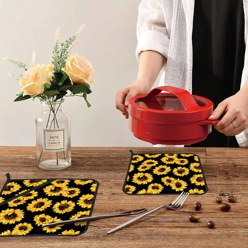 Miniatura 6 de Juego de 2 soportes para ollas florales de girasol, resistentes al calor, para microondas, hornear, horno, platos finales y barbacoa Girasol floral