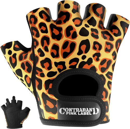 Contraband Pink Label 5297 Design Series - Guantes de levantamiento y remo con estampado de leopardo (par) – Ligero vegano medio acolchado de