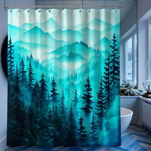 Miniatura 40 de Cortina de ducha azul marino de bosque Cortina de ducha azul oscuro de montaña y naturaleza para decoración de baño de hombres, tela impermeable