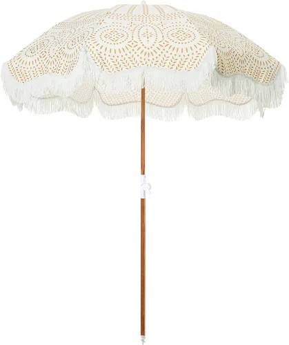 Miniatura 12 de Business & Pleasure Co. Sombrilla Holiday - Sombrilla de playa bohemia con flecos blancos, UPF 50+, poste de madera inclinable de 1", 5' x 6.5', oro
