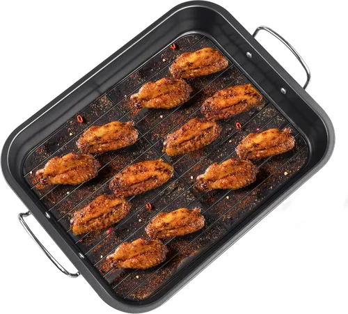Miniatura 5 de Kitcom - Sartén para asar antiadherente con estante, juego de asador rectangular de 16 pulgadas x 11.5 pulgadas para asar pavo, pollo, carne