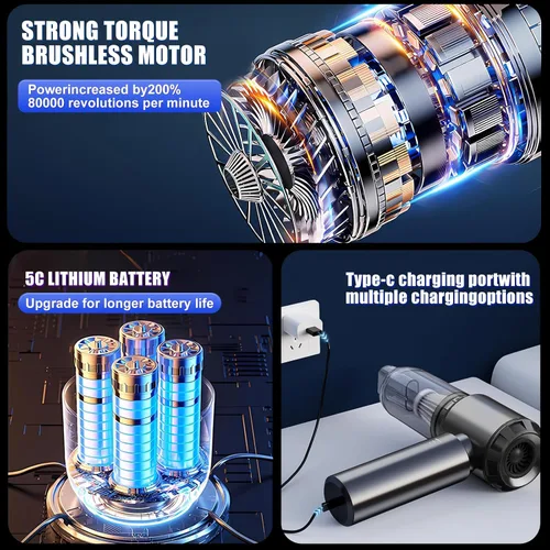 Miniatura 7 de Aspiradora portátil inalámbrica de 22000 PA de alta potencia, mini aspiradora de mano recargable, plegable con motor sin escobillas, bomba de Gris