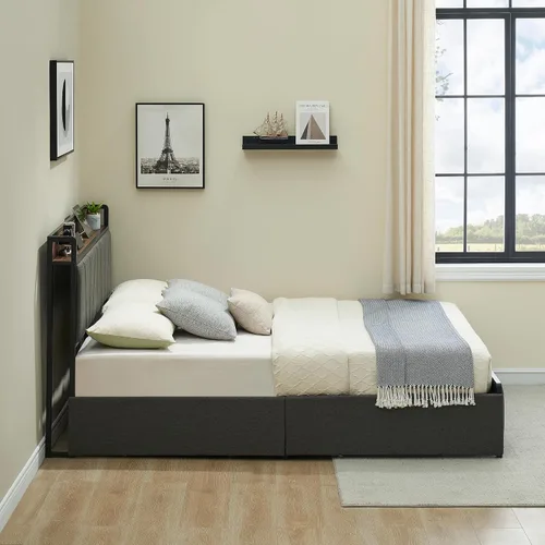 Miniatura 9 de GAOMON Marco de cama tamaño completo con cabecera de almacenamiento y 2 cajones, marco de cama plataforma tapizada en lino con estación de carga