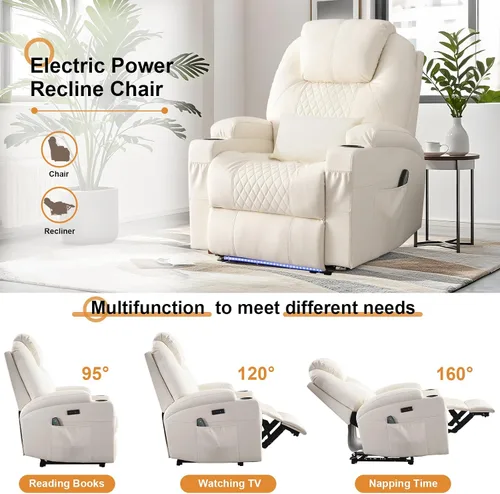 Miniatura 4 de AHMED Silla reclinable eléctrica con masaje por vibración y calor para adultos, asiento de cine en casa de piel sintética con portavasos, luces LED