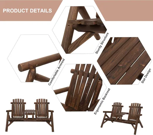 Miniatura 5 de Silla Adirondack de madera de 2 asientos, juego de sillas para exteriores con mesa auxiliar central, silla Adirondack de dos plazas al aire libre