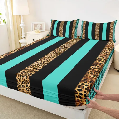 Miniatura 21 de Manfei Leopard Print Fitted Sheet Twin Size,Blue Brown Black Stripes Bedding Set 2pcs,Wild Animal Cheetah Skin Bed Sheets with 1 Pillowcase,Kids
