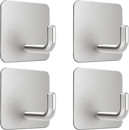 VIS'V Ganchos adhesivos, ganchos de pared de ducha de metal, impermeables, 2 tiras adhesivas adicionales, plateado, 4 unidades