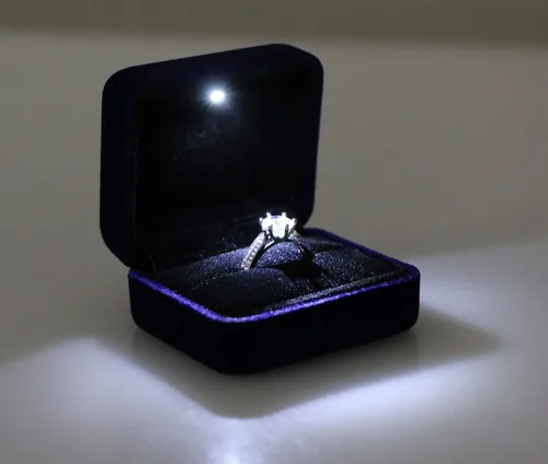 Miniatura 6 de Caja de regalo de terciopelo de metal brillante con LED para propuesta, compromiso, boda, fácil de colocar en tu bolsillo o bolso, color azul