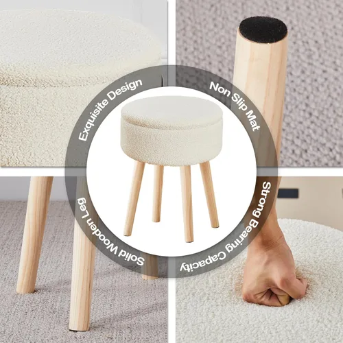 Miniatura 5 de Otomana de Almacenamiento Taburete, Taburete de Tocador Redondo de Terciopelo Teddy, Taburete con Bandeja Superior y Patas de Madera, Otomana