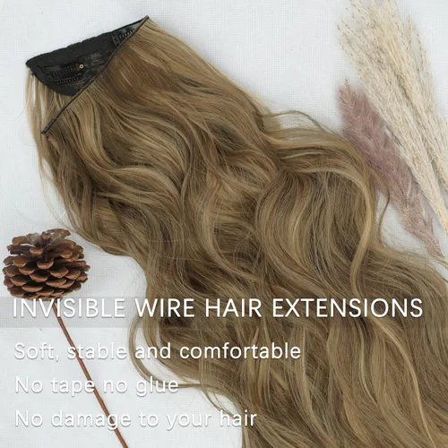 Miniatura 2 de Extensiones de cabello largo ondulado rubio miel con reflejos, línea de pescado transparente, postizo sintético con 4 clips de seguridad, diadema