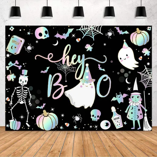Miniatura 4 de Avezano Cartel de fondo de Halloween de Hey Boo de 7 x 5 pies, pancarta espeluznante de Little Boo, decoraciones para fiestas de Halloween para Negro