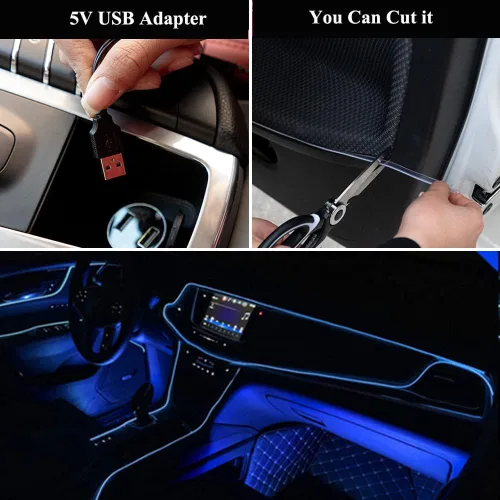 Miniatura 6 de Luces de cable EL para el interior del coche, luz de panel azul neón de 16 pies/5 m, tira de luz LED para coche, USB 5V, decoración