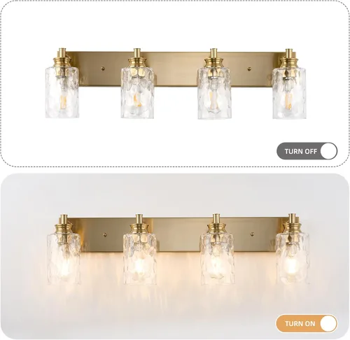 Miniatura 3 de Accesorios de lámpara de tocador de baño de 2 luces, moderna lámpara de baño dorada cepillada sobre espejo con pantalla de vidrio martillado