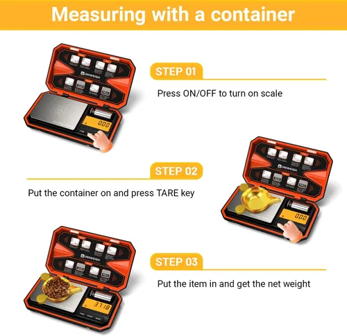 Miniatura 4 de UNIWEIGH - Báscula digital de bolsillo de 200 g/0.01 g, báscula digital de gramos, conversión de 6 unidades, báscula para joyas, báscula para Naranja