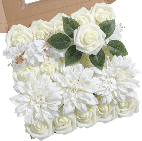Miniatura 20 de rongflower Flores artificiales de aspecto real, color rosa polvoriento, rosas falsas de espuma con tallos, 25 piezas para bricolaje, bodas, Rosa