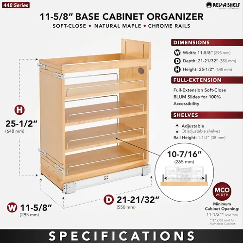 Miniatura 3 de Rev-A-Shelf Organizador de almacenamiento extraíble de 11" para gabinetes de cocina/baño con tiradores de cierre suave de extensión completa