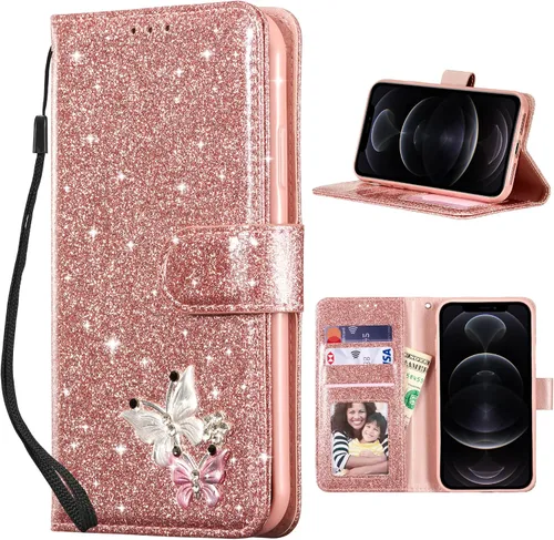 Miniatura 14 de UEEBAI Funda tipo cartera para iPhone 11, funda de piel sintética con purpurina para teléfono, ranuras para tarjetas, funda con función atril