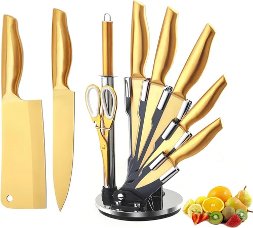 Miniatura 8 de Juego de cuchillos dorados, 8 unidades, color dorado, antioxidante, apto para lavavajillas, juego de cuchillos de cocina de acero inoxidable