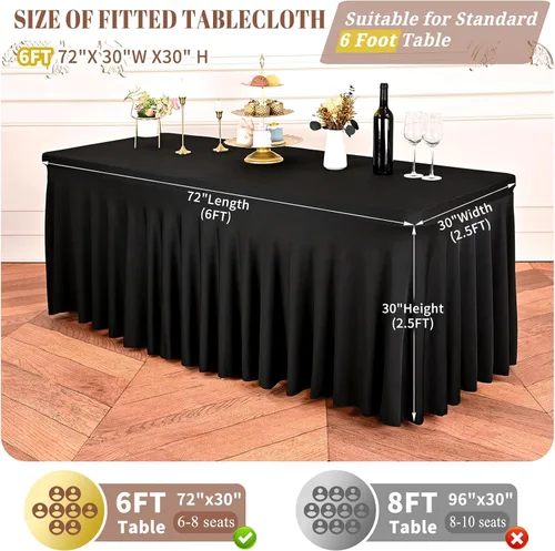 Miniatura 2 de fani Paquete de 2 faldas de mesa elásticas negras para mesa rectangular de 6 pies, manteles elásticos de elastano lavables con falda, mantel