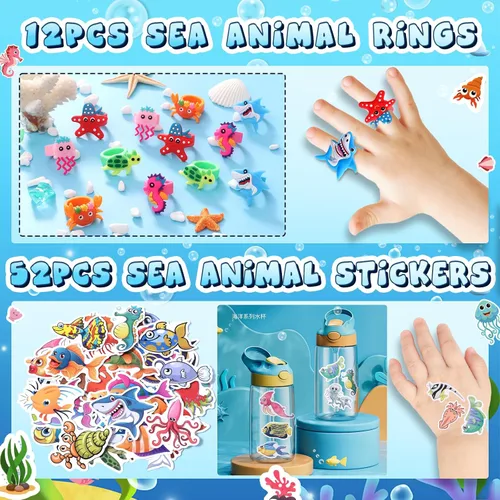 Miniatura 7 de Winrayk 148 piezas de regalos de fiesta bajo el mar, suministros de cumpleaños, bolsa de regalo de animales del océano del mar, marcapáginas de mano