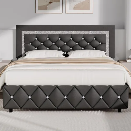 Miniatura 8 de BarnFurin Base de cama y cabecero tamaño King, cama tapizada de piel sintética con diseño capitoné de diamante, base de cama de plataforma moderna