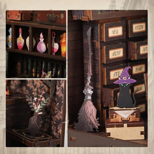 Miniatura 5 de Kit de rincón de libros de bricolaje – Estantería de casa de muñecas en miniatura, rompecabezas de estantería de madera 3D, rompecabezas creativo