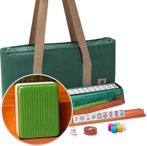 Set de Mahjong Americano de Yellow Mountain Imports, Huntington con 166 Azulejos de Mahjong de Melamina, Estuche Blando Verde Mineral - 4 Estantes