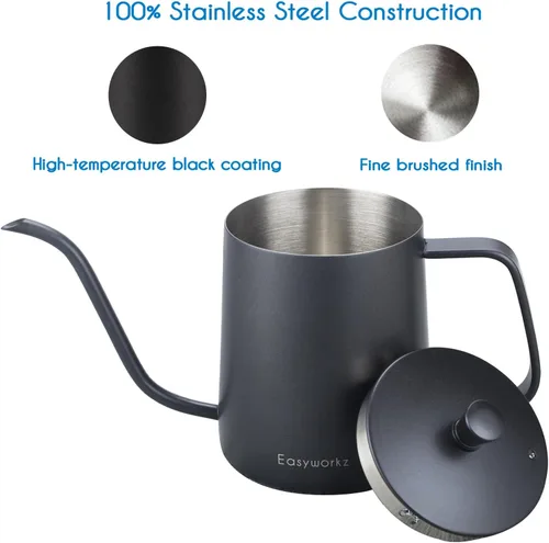 Miniatura 2 de Easyworkz Gage - Hervidor de café de cuello de cisne de 20 onzas con termómetro de acero inoxidable con boquilla larga y estrecha Negro