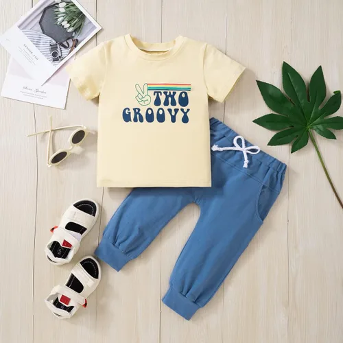 Miniatura 9 de Pudcoco Conjunto de camiseta de manga corta con letras y pantalones largos sólidos para el verano