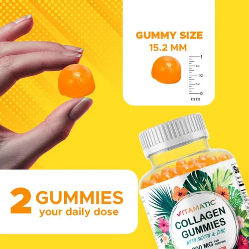 Miniatura 3 de Vitamatic Gomitas de colágeno hidrolizado con vitamina C, zinc y biotina, 200 mg - Apoyo para la piel saludable - 60 gomitas