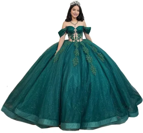 Mouccy Vestidos de quinceañera de encaje con purpurina con cuentas y hombros descubiertos dulces 16 vestidos con tren perlado XV vestidos para