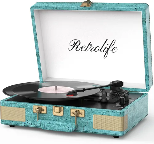 Retrolife Reproductor de discos portátil Bluetooth de 3 velocidades con altavoces incorporados, tocadiscos, sonido de audio mejorado, piel Azul