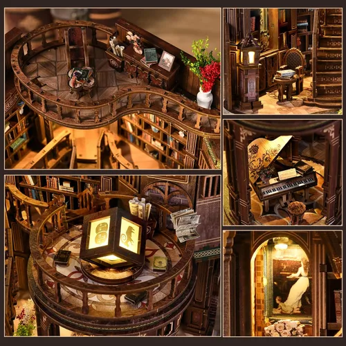 Miniatura 7 de Kit de rincón de libros en miniatura para casa de muñecas, rompecabezas de madera 3D con luz, decoración de estantería de casa pequeña, construcción