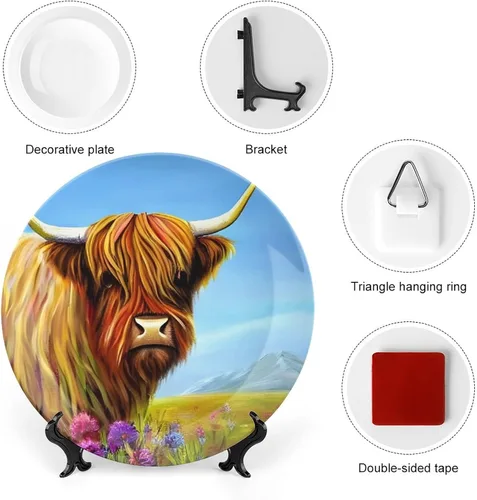 Miniatura 3 de Plato decorativo, acuarela de vaca de las tierras altas, placa de exhibición, decoración artística, pintura para el hogar, oficina, fiesta, cena