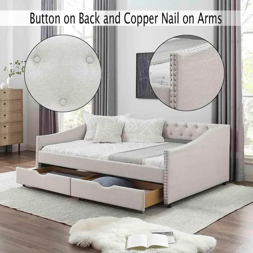 Miniatura 4 de Sofá cama individual con 2 cajones, moderno sofá cama tapizado con botón en la espalda y clavos de cobre en los brazos, sofá cama, marco de cámara