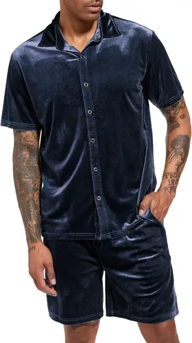Miniatura 27 de LecGee Conjunto de pantalones cortos casuales de verano para hombre, camisa de terciopelo de manga corta con botones, pantalones cortos de cintura
