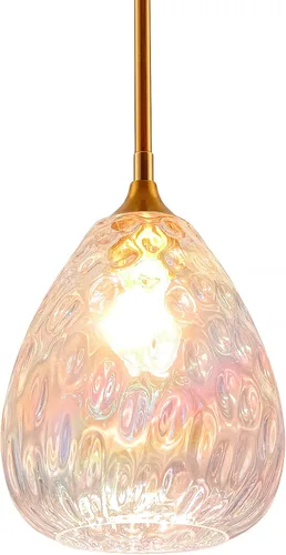 Miniatura 10 de Iluminación colgante dorada con pantalla de vidrio martillado ámbar, lámpara colgante Art Deco de 1 luz para isla de cocina, comedor, dormitorio
