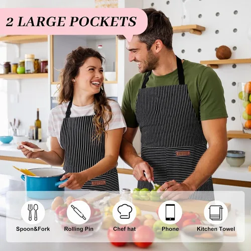 Miniatura 4 de Paquete de 2 delantales de cocina ajustables para mujeres y hombres con 2 bolsillos, delantales con peto de mezcla de algodón y poliéster