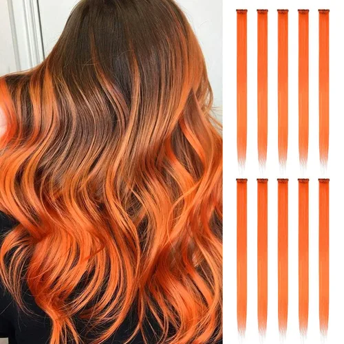 Miniatura 12 de FESHFEN Extensiones de cabello con clip de colores, 16 piezas de 8 colores resaltados, piezas de cabello sintético lacio con clip para mujer, 22