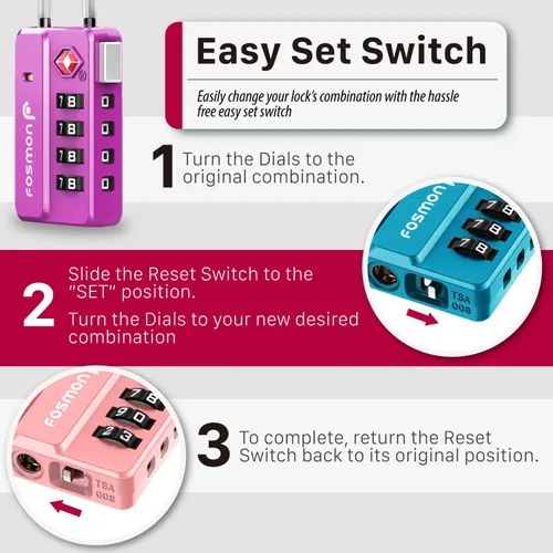 Miniatura 5 de Fosmon Cerraduras de equipaje aprobadas por la TSA para equipaje y maleta, mini cerraduras de cable largo con 4 combinaciones e interruptor de fácil