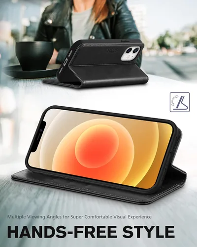 Miniatura 4 de TUCCH Funda tipo cartera para iPhone 12 Pro/iPhone 12 5G, piel sintética de alta calidad, con ranura para tarjetas, diseño de libro con soporte Negro