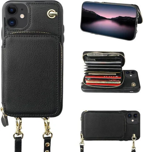 Bocasal Funda tipo cartera cruzada para iPhone 11, funda de piel con bloqueo RFID y soporte para tarjetas, funda protectora con cremallera y correa