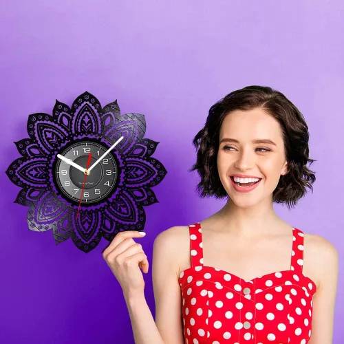 Miniatura 9 de Reloj de pared de disco de vinilo con forma de loto de mandala de 12 pulgadas, diseño moderno de flor, silencioso, de cuarzo, sin tictac, reloj