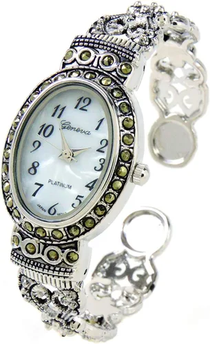 Reloj de brazalete de mujer con cara ovalada de cristal de marcasita de estilo vintage negro plateado, plateado, Vintage